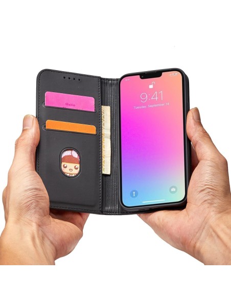 Magnetinės kortelės dėklas iPhone 14 Plus, dangtelis su atvartu, piniginės stovas, juodas