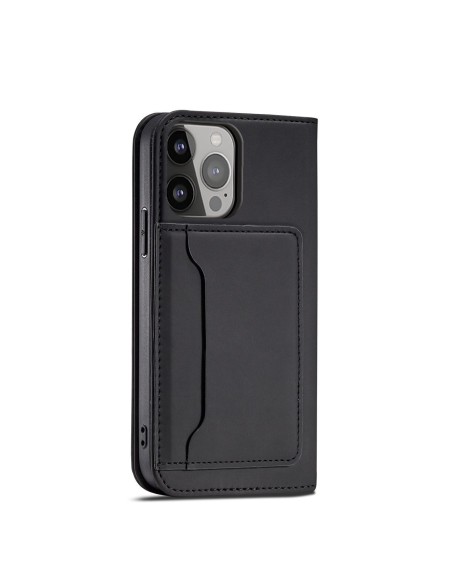 Magnetinės kortelės dėklas iPhone 14 Plus, dangtelis su atvartu, piniginės stovas, juodas