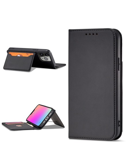 Magnetinės kortelės dėklas iPhone 14 Plus, dangtelis su atvartu, piniginės stovas, juodas