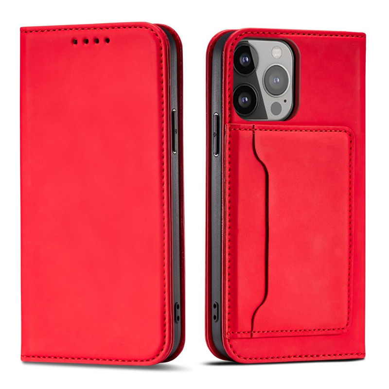 Magnetinės kortelės dėklas iPhone 14 Plus dėklas, dangtelis su atvartu, piniginės stovas, raudonas