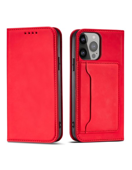 Magnetinės kortelės dėklas iPhone 14 Plus dėklas, dangtelis su atvartu, piniginės stovas, raudonas