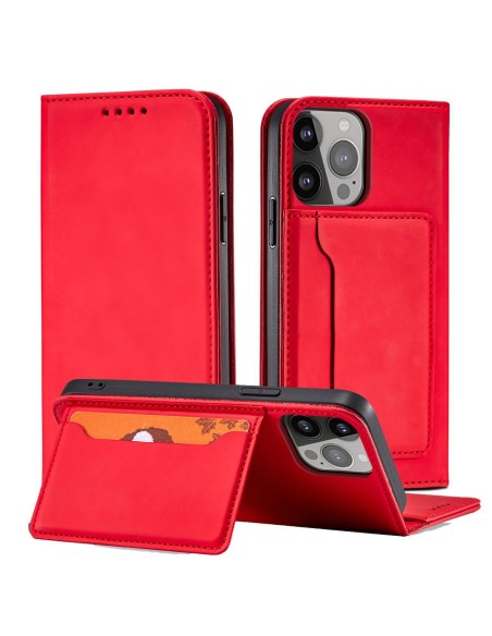 Magnetinės kortelės dėklas iPhone 14 Plus dėklas, dangtelis su atvartu, piniginės stovas, raudonas