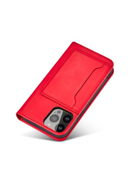 Magnetinės kortelės dėklas iPhone 14 Plus dėklas, dangtelis su atvartu, piniginės stovas, raudonas