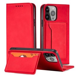 Magnetinės kortelės dėklas iPhone 14 Pro dėklo dangtelis su atlenktu piniginės stovu raudonas