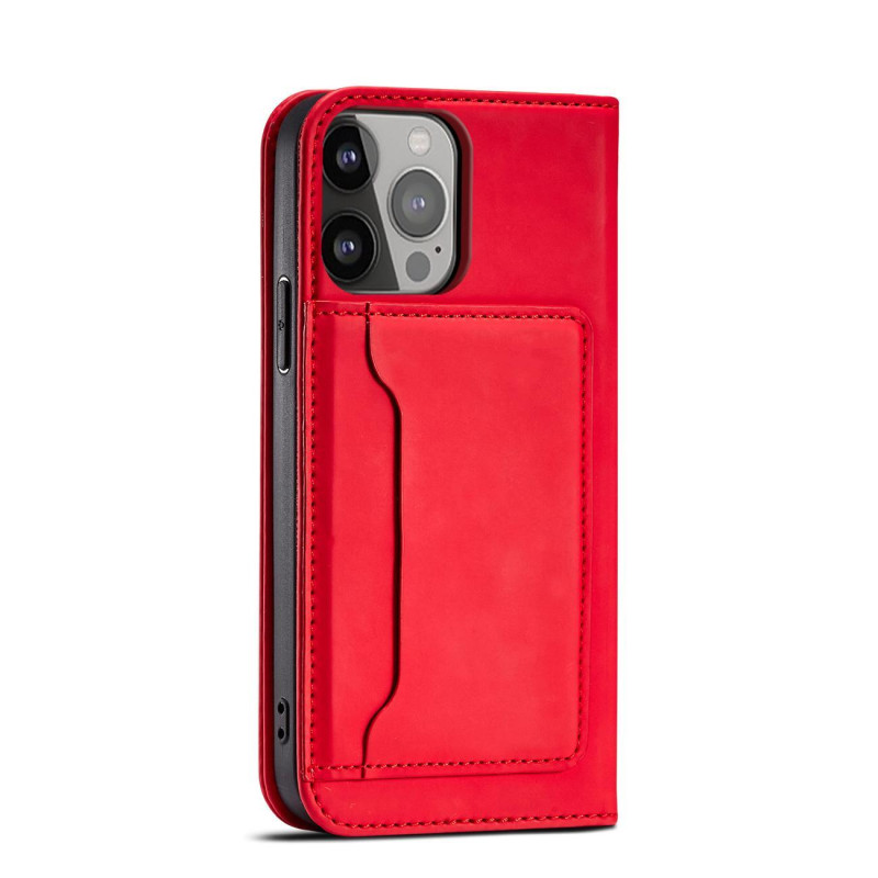 Magnetinės kortelės dėklas iPhone 14 Pro dėklo dangtelis su atlenktu piniginės stovu raudonas