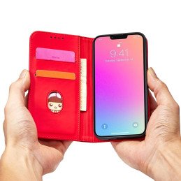 Magnetinės kortelės dėklas iPhone 14 Pro dėklo dangtelis su atlenktu piniginės stovu raudonas