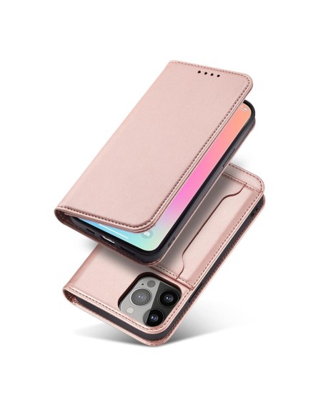 Magnetinės kortelės dėklas iPhone 14 Pro dėklo dangtelis su atvartu, rožinės spalvos piniginės stovu