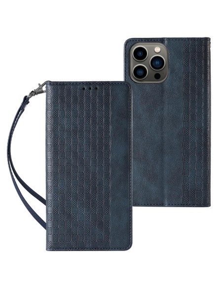 Magnetinio dirželio dėklas iPhone 14 Plus dėklas, atverčiamas dangtelis, piniginė, mini diržas, stovas, mėlynas