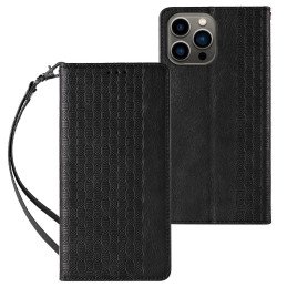 Magnetinio dirželio dėklas iPhone 14 Pro dėklas, atverčiamas dangtelis, piniginė, mini diržas, stovas, juodas