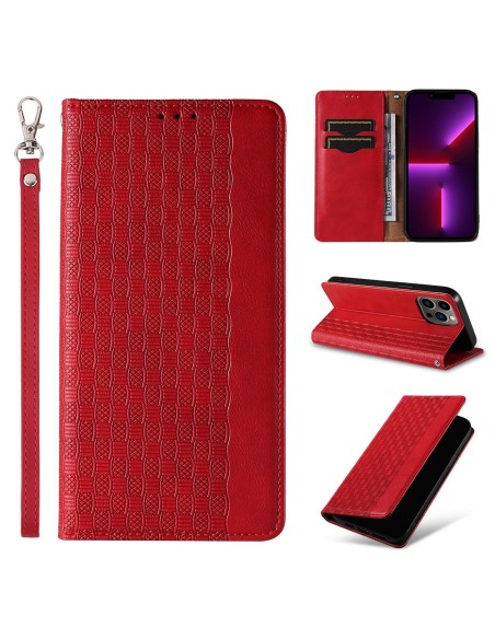 Magnetinio dirželio dėklas iPhone 14 Pro dėklas, atverčiamas dangtelis, piniginė, mini diržas, stovas, raudona