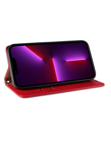 Magnetinio dirželio dėklas iPhone 14 Pro dėklas, atverčiamas dangtelis, piniginė, mini diržas, stovas, raudona