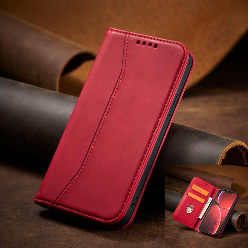 Magnetinis Fancy Case iPhone 14 Plus dangtelis su atvartu, piniginės stovas raudonas