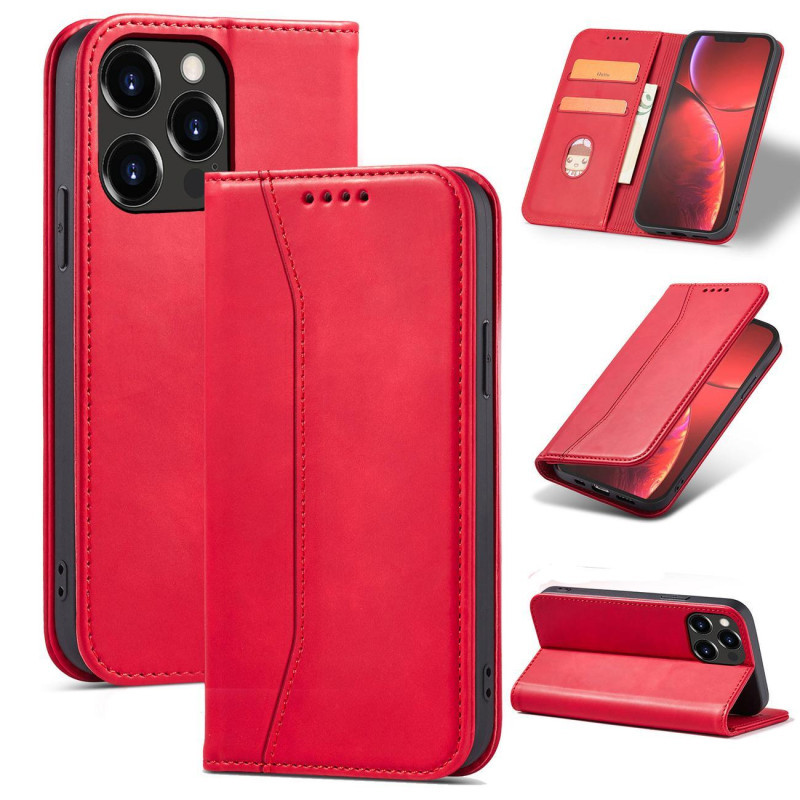 Magnetinis Fancy Case iPhone 14 Plus dangtelis su atvartu, piniginės stovas raudonas