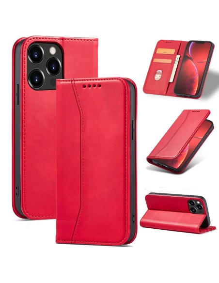 Magnetinis Fancy Dėklas, skirtas iPhone 14 Pro Max, dangtelis su atvartu, piniginės stovas, raudonas