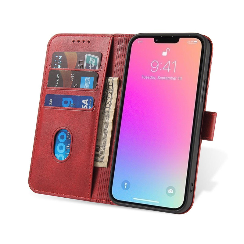 Magnet Case elegantiškas dėklas su atvartu ir stovo funkcija iPhone 14 Plus raudonam