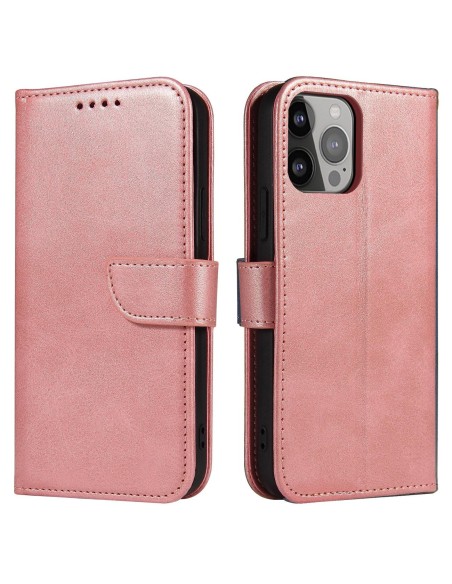 Magnetinis dėklas iPhone 14 Pro Max, dangtelis su atvartu, piniginės stovas, rožinis