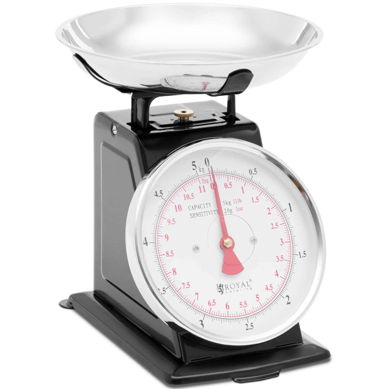Analoginės virtuvės svarstyklės pagamintos iš plieno iki 5 kg / 20 g - juodos