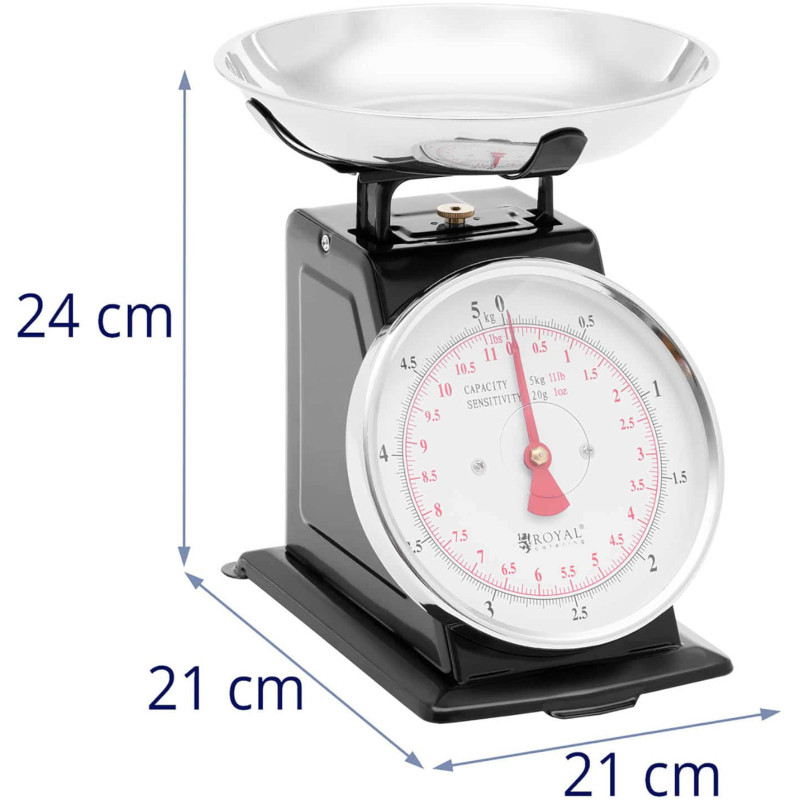Analoginės virtuvės svarstyklės pagamintos iš plieno iki 5 kg / 20 g - juodos