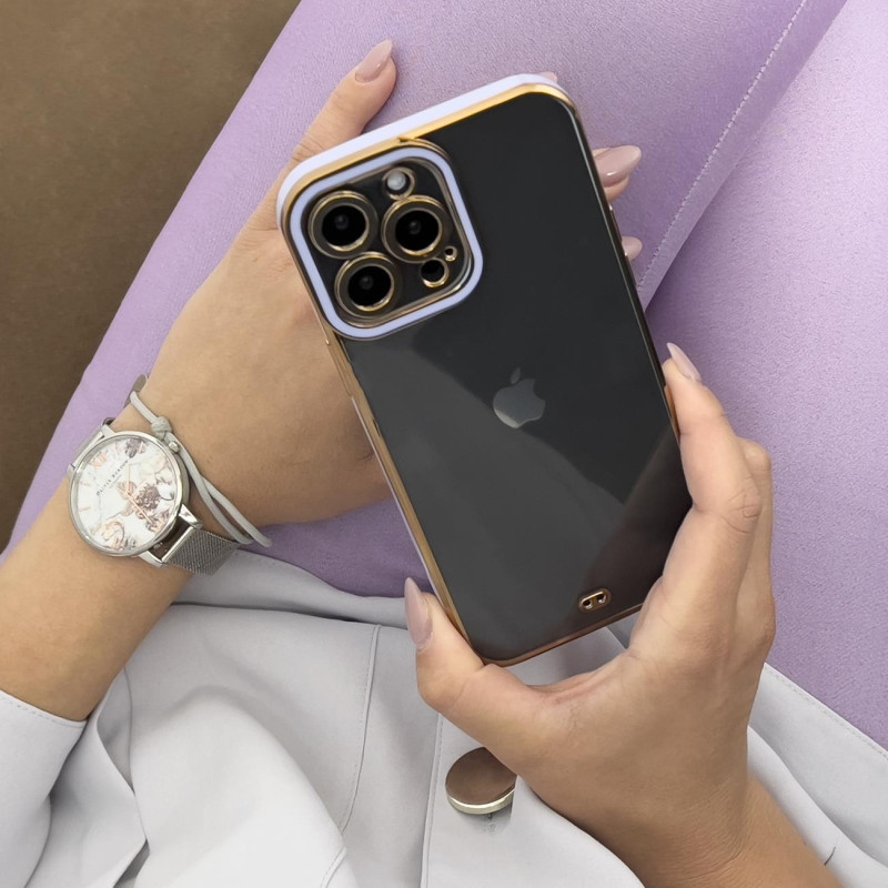 Fashion Case dėklas, skirtas iPhone 12 Pro, gelinis dangtelis su auksiniu rėmeliu, violetinė