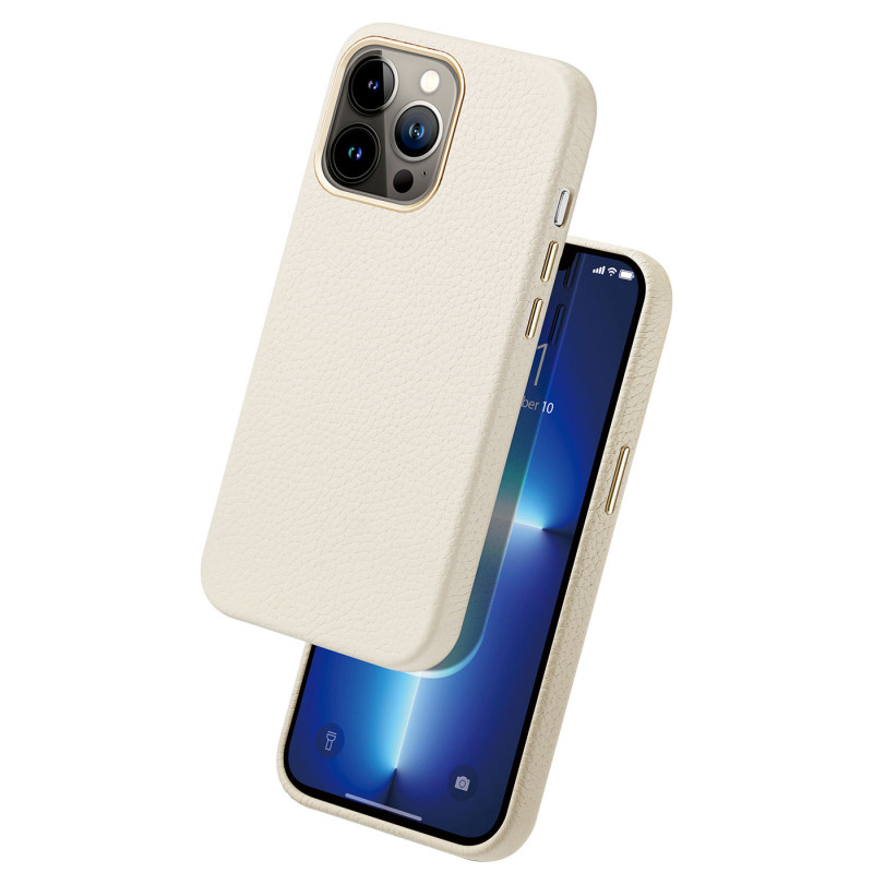 Dux Ducis Roma odinis dėklas iPhone 13 Pro, elegantiškas dangtelis iš natūralios baltos odos
