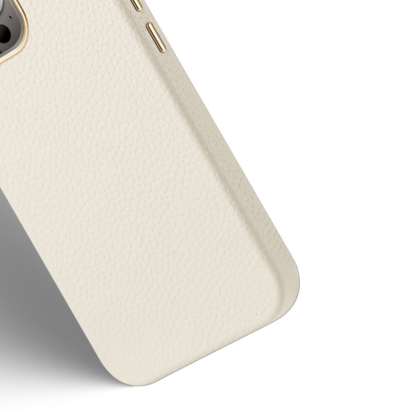 Dux Ducis Roma odinis dėklas iPhone 13 Pro, elegantiškas dangtelis iš natūralios baltos odos