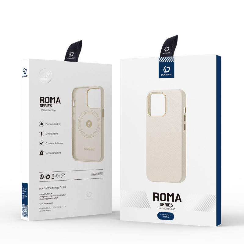 Dux Ducis Roma odinis dėklas iPhone 13 Pro, elegantiškas dangtelis iš natūralios baltos odos