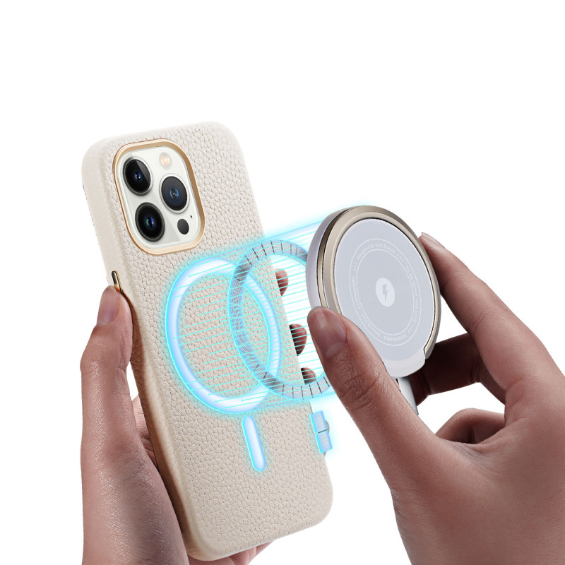 Dux Ducis Roma odinis dėklas iPhone 13 Pro, elegantiškas dangtelis iš natūralios baltos odos