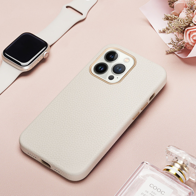 Dux Ducis Roma odinis dėklas iPhone 13 Pro, elegantiškas dangtelis iš natūralios baltos odos