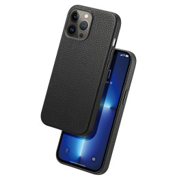 Dux Ducis Roma odinis dėklas iPhone 13 Pro Max elegantiškas dangtelis pagamintas iš natūralios odos juodos spalvos