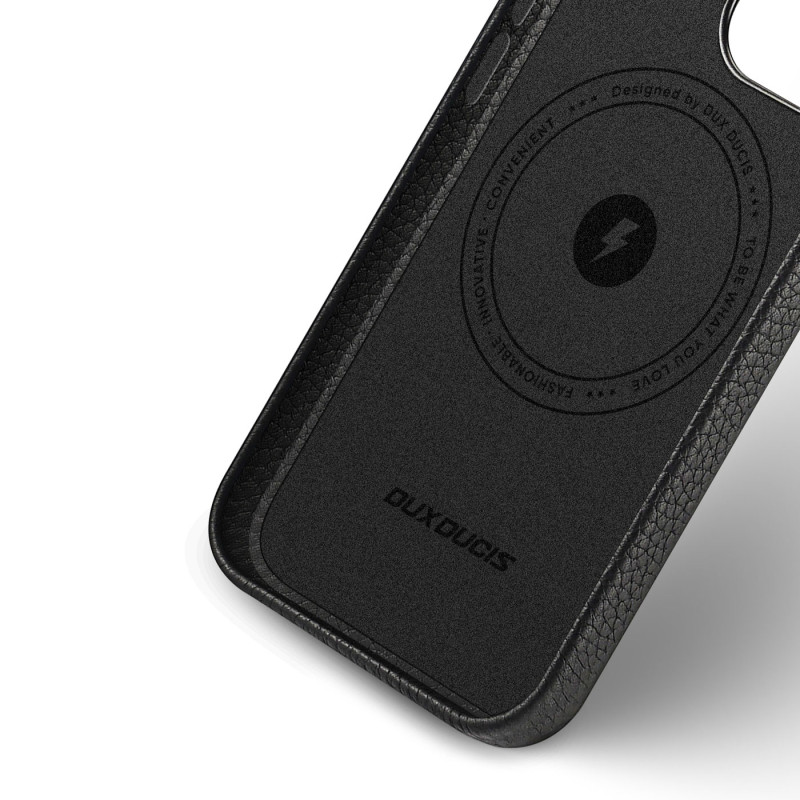 Dux Ducis Roma odinis dėklas iPhone 13 Pro Max elegantiškas dangtelis pagamintas iš natūralios odos juodos spalvos