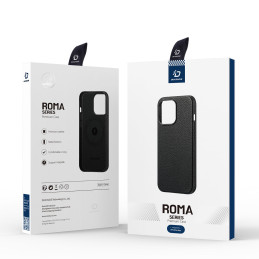 Dux Ducis Roma odinis dėklas iPhone 13 Pro Max elegantiškas dangtelis pagamintas iš natūralios odos juodos spalvos