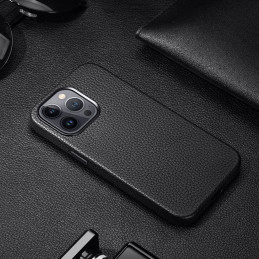 Dux Ducis Roma odinis dėklas iPhone 13 Pro Max elegantiškas dangtelis pagamintas iš natūralios odos juodos spalvos