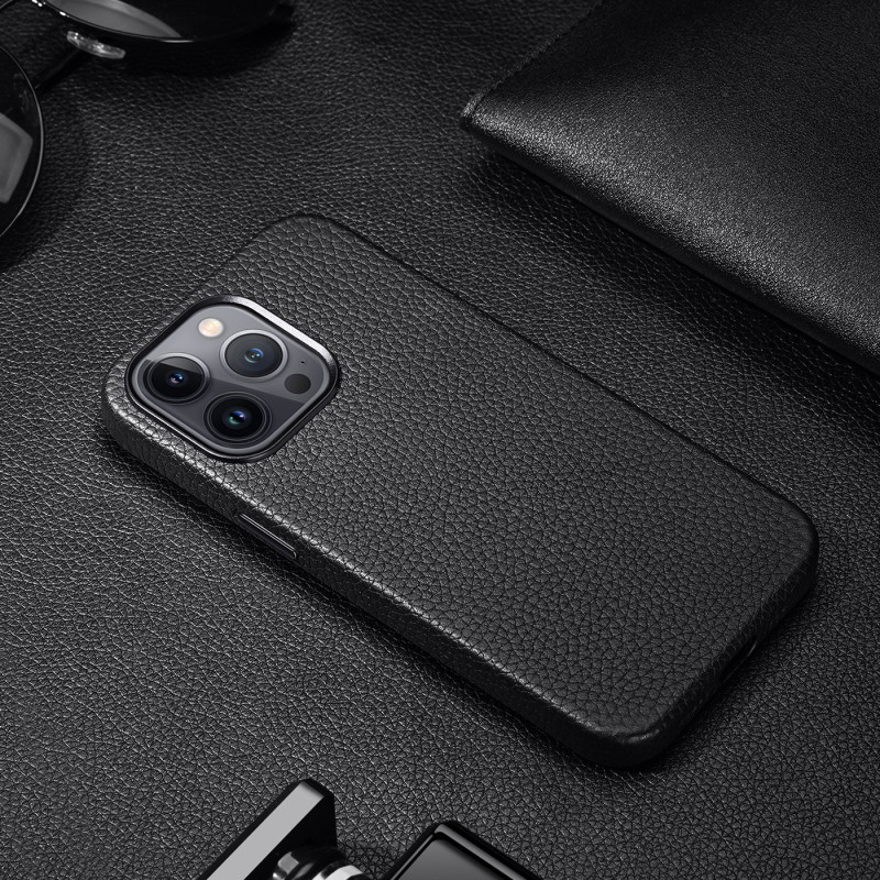 Dux Ducis Roma odinis dėklas iPhone 13 Pro Max elegantiškas dangtelis pagamintas iš natūralios odos juodos spalvos