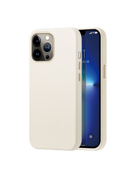 Dux Ducis Roma odinis dėklas iPhone 13 Pro Max elegantiškas dangtelis pagamintas iš natūralios odos baltos spalvos