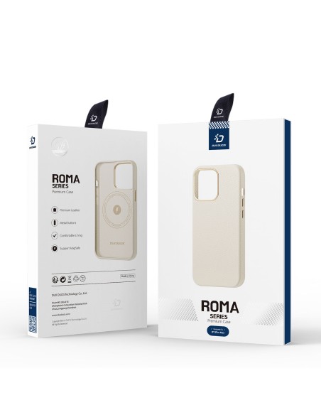 Dux Ducis Roma odinis dėklas iPhone 13 Pro Max elegantiškas dangtelis pagamintas iš natūralios odos baltos spalvos