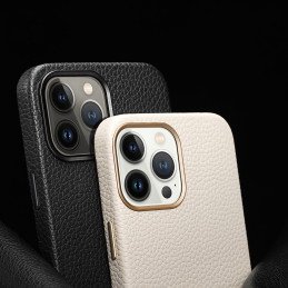 Dux Ducis Roma odinis dėklas iPhone 13 Pro Max elegantiškas dangtelis pagamintas iš natūralios odos baltos spalvos