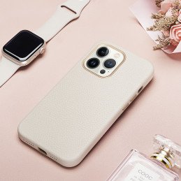 Dux Ducis Roma odinis dėklas iPhone 13 Pro Max elegantiškas dangtelis pagamintas iš natūralios odos baltos spalvos
