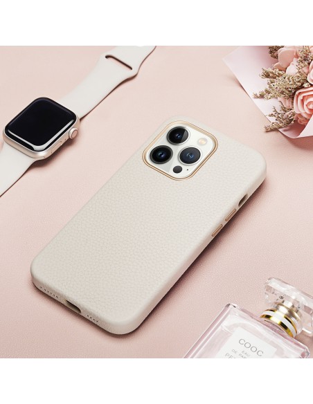 Dux Ducis Roma odinis dėklas iPhone 13 Pro Max elegantiškas dangtelis pagamintas iš natūralios odos baltos spalvos