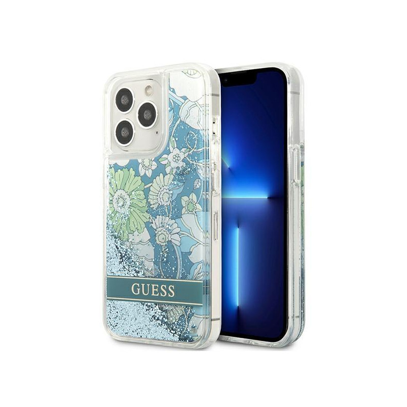 Guess Flower Liquid Glitter dėklas iPhone 13 Pro / iPhone 13 - žalias
