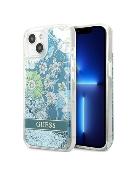 Guess Flower Liquid Glitter dėklas iPhone 13 - žalias Guess Flower Liquid Glitter dėklas iPhone 13 - žalias