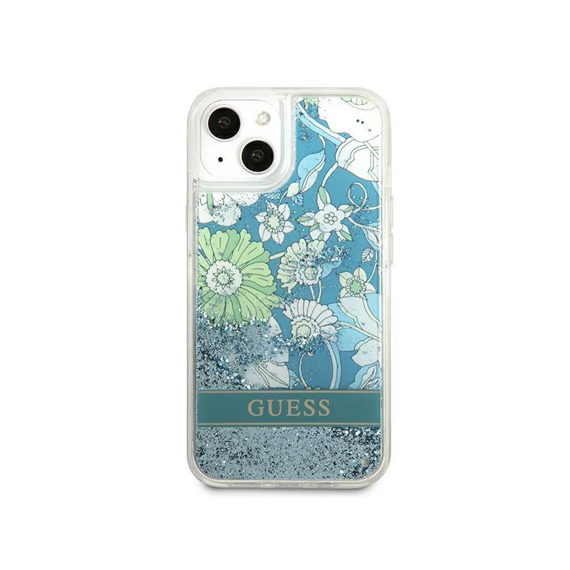 Guess Flower Liquid Glitter dėklas iPhone 13 - žalias