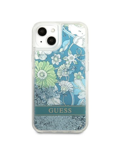 Guess Flower Liquid Glitter dėklas iPhone 13 - žalias Guess Flower Liquid Glitter dėklas iPhone 13 - žalias