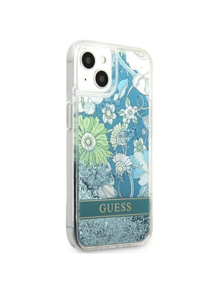 Guess Flower Liquid Glitter dėklas iPhone 13 - žalias Guess Flower Liquid Glitter dėklas iPhone 13 - žalias
