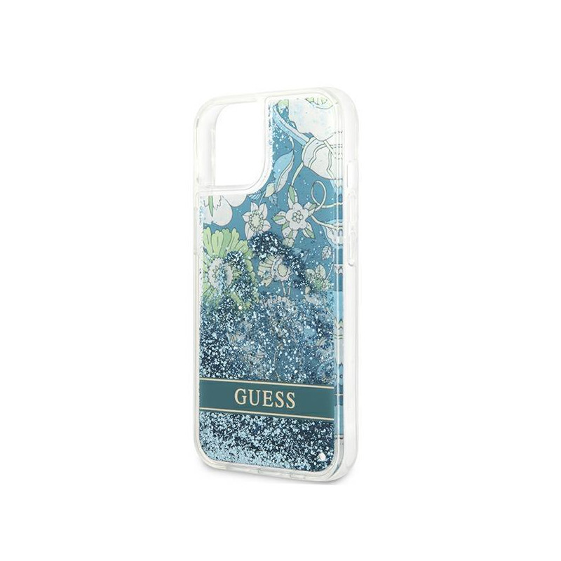 Guess Flower Liquid Glitter dėklas iPhone 13 - žalias