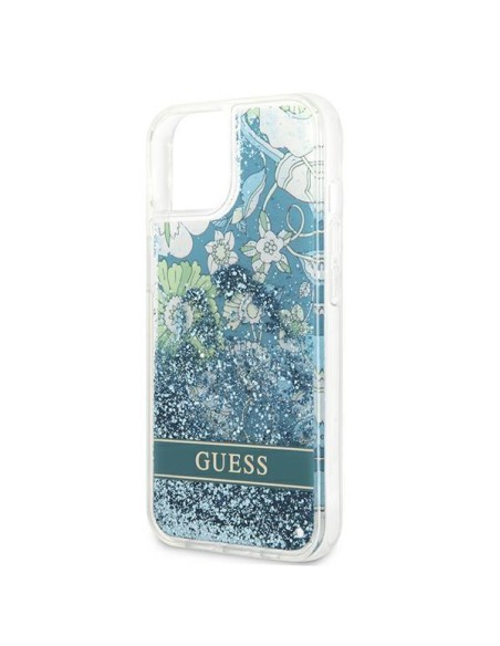 Guess Flower Liquid Glitter dėklas iPhone 13 - žalias Guess Flower Liquid Glitter dėklas iPhone 13 - žalias