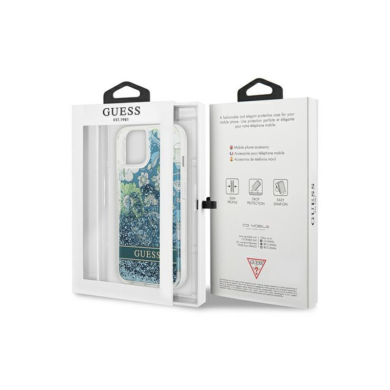 Guess Flower Liquid Glitter dėklas iPhone 13 - žalias