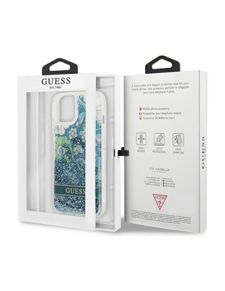 Guess Flower Liquid Glitter dėklas iPhone 13 - žalias Guess Flower Liquid Glitter dėklas iPhone 13 - žalias
