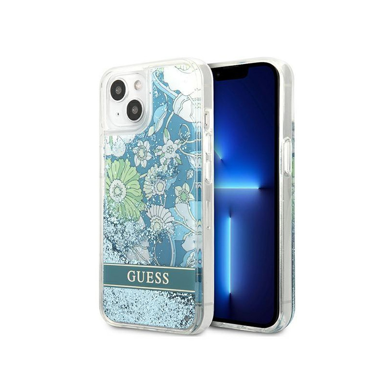 Guess Flower Liquid Glitter dėklas iPhone 13 mini - žalias Guess Flower Liquid Glitter dėklas iPhone 13 mini - žalias