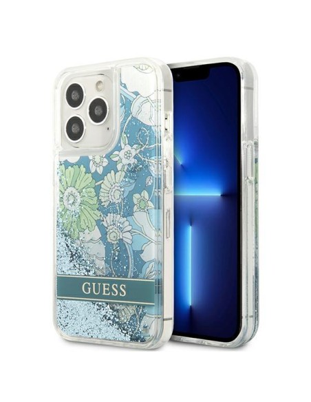 Guess Flower Liquid Glitter dėklas, skirtas iPhone 13 Pro Max - žalias Guess Flower Liquid Glitter dėklas, skirtas iPhone 13 Pro Max - žalias