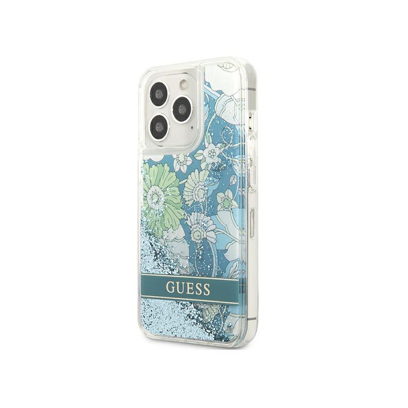 Guess Flower Liquid Glitter dėklas, skirtas iPhone 13 Pro Max - žalias